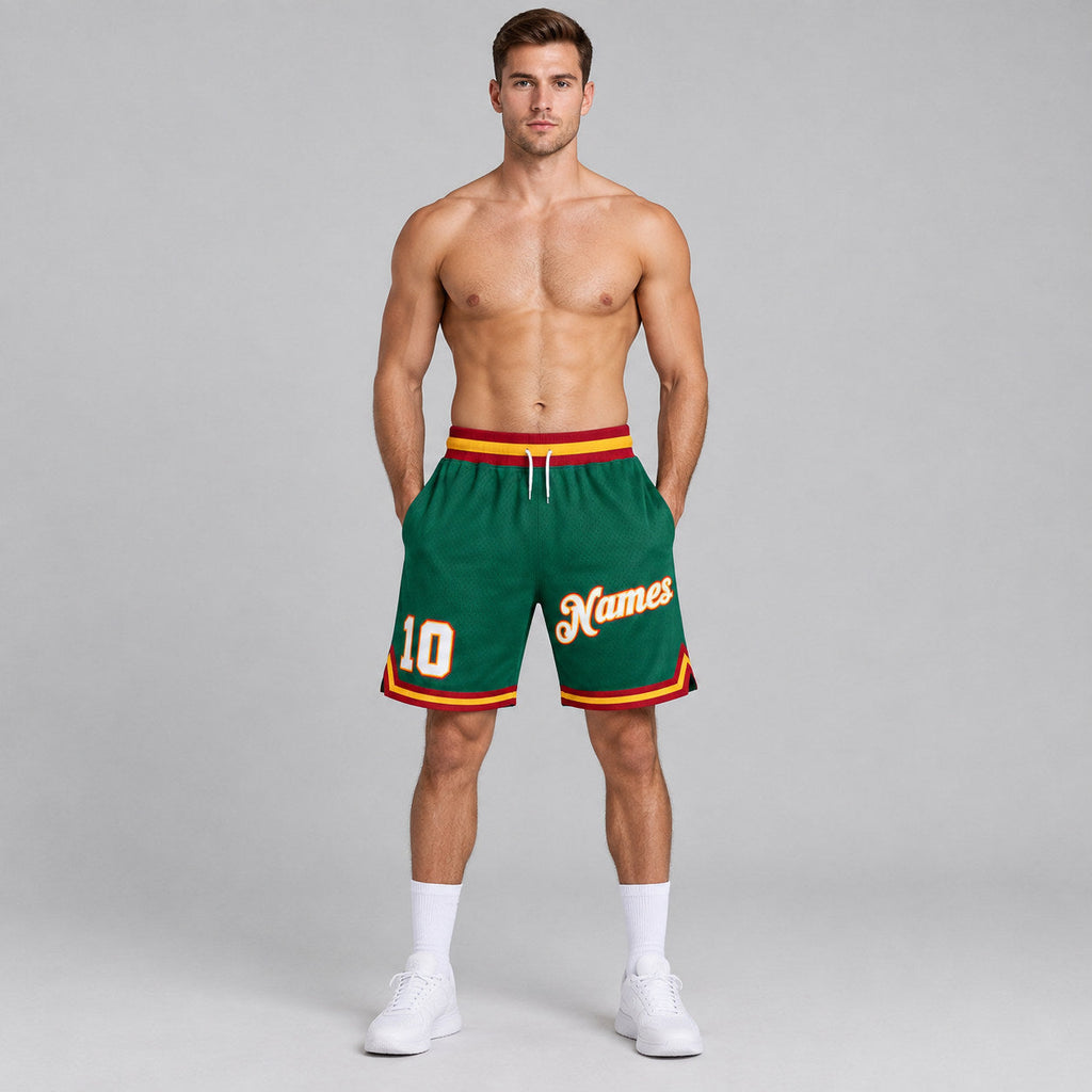 Custom Kelly Green Authentic Throwback Basketball Shorts with White and Gold Lettering Design 0105 worn by male model