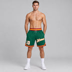 Custom Kelly Green Authentic Throwback Basketball Shorts with White and Gold Lettering Design 0105 worn by male model