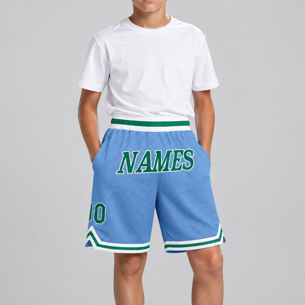 Custom Light Blue Authentic Throwback Basketball Shorts with Kelly Green and White Lettering Design 0072 youth size worn by child model