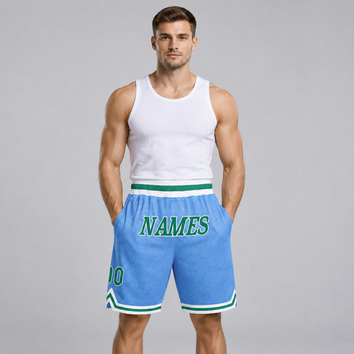 Custom Light Blue Authentic Throwback Basketball Shorts with Kelly Green and White Lettering Design 0072 worn by male model