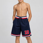 Custom Navy Authentic Throwback Basketball Shorts with Red and White Lettering Design 0168 youth size worn by child model