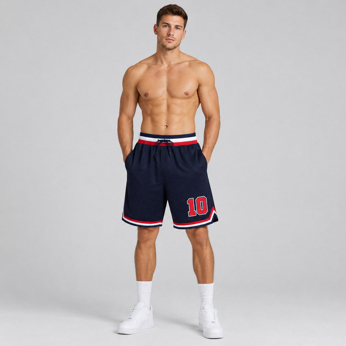 Custom Navy Authentic Throwback Basketball Shorts with Red and White Lettering Design 0168 worn by male model