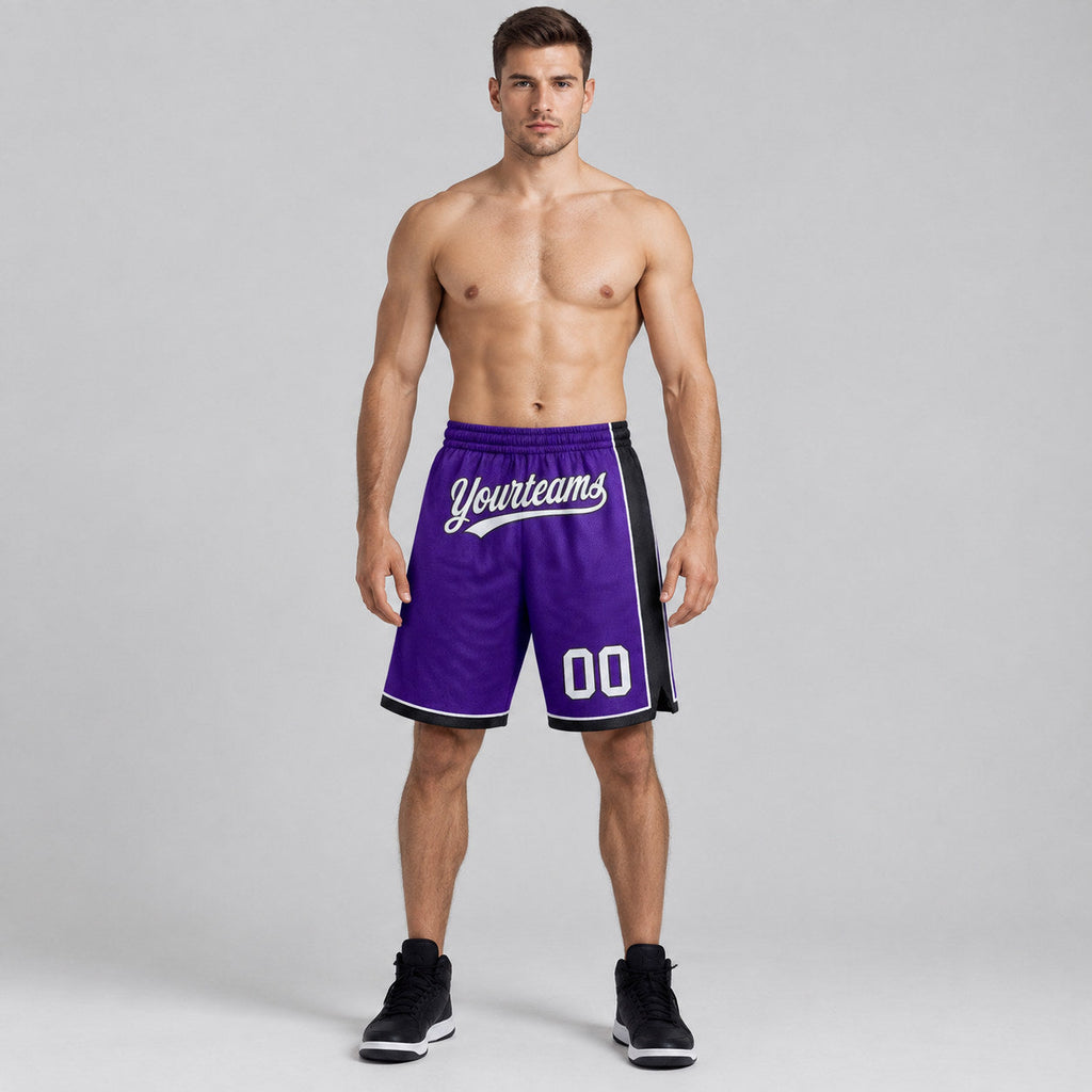 Custom Purple Authentic Basketball Shorts with White and Black Lettering worn by male model