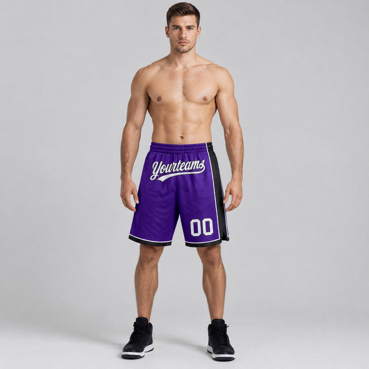 Custom Purple Authentic Basketball Shorts with White and Black Lettering worn by male model