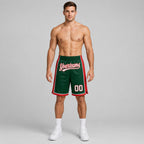 Custom Hunter Green Authentic Basketball Shorts with White and Red Lettering worn by male model