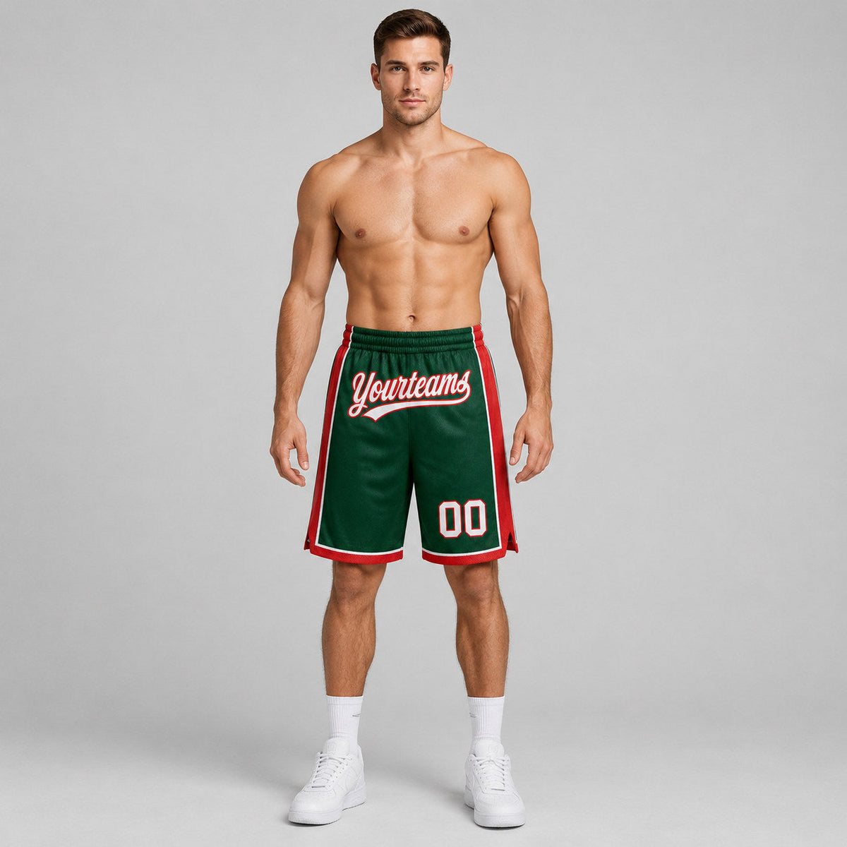 Custom Hunter Green Authentic Basketball Shorts with White and Red Lettering worn by male model