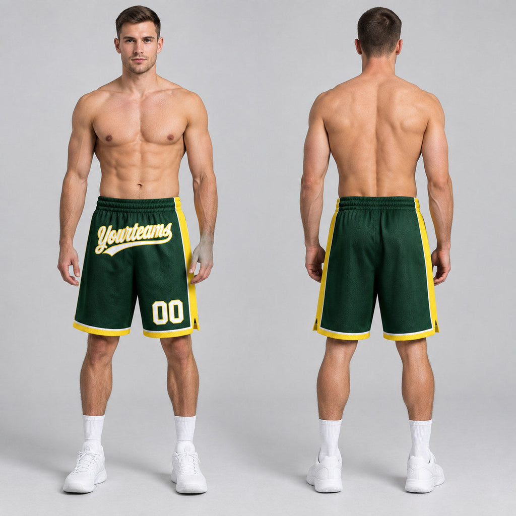 Custom Hunter Green Authentic Basketball Shorts with White and Yellow Lettering worn by male model
