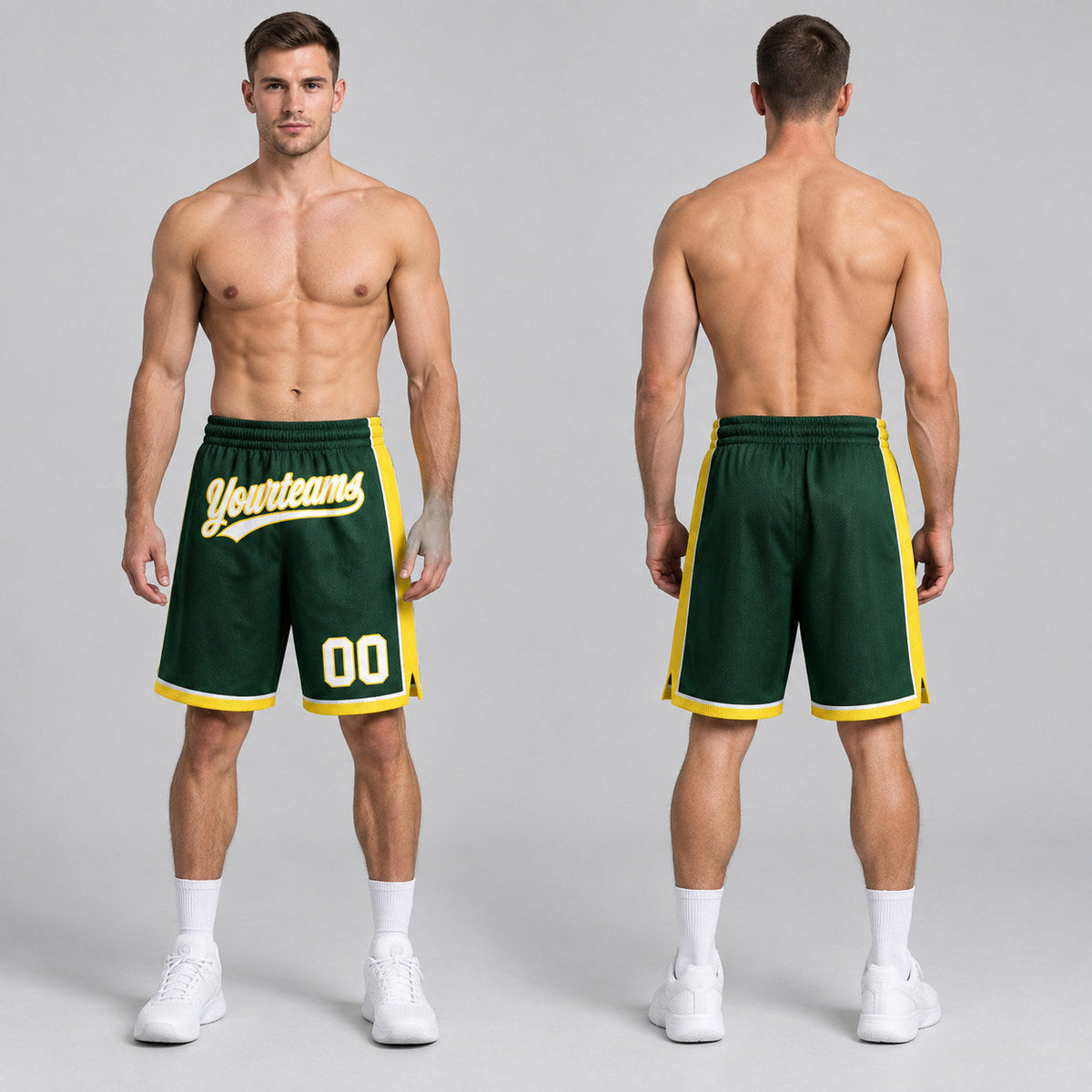 Custom Hunter Green Authentic Basketball Shorts with White and Yellow Lettering worn by male model