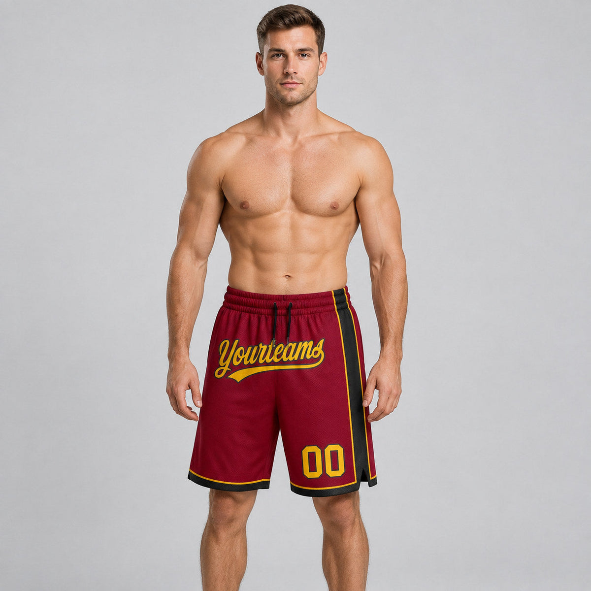 Custom Maroon Authentic Basketball Shorts with Gold and Black Lettering worn by male model