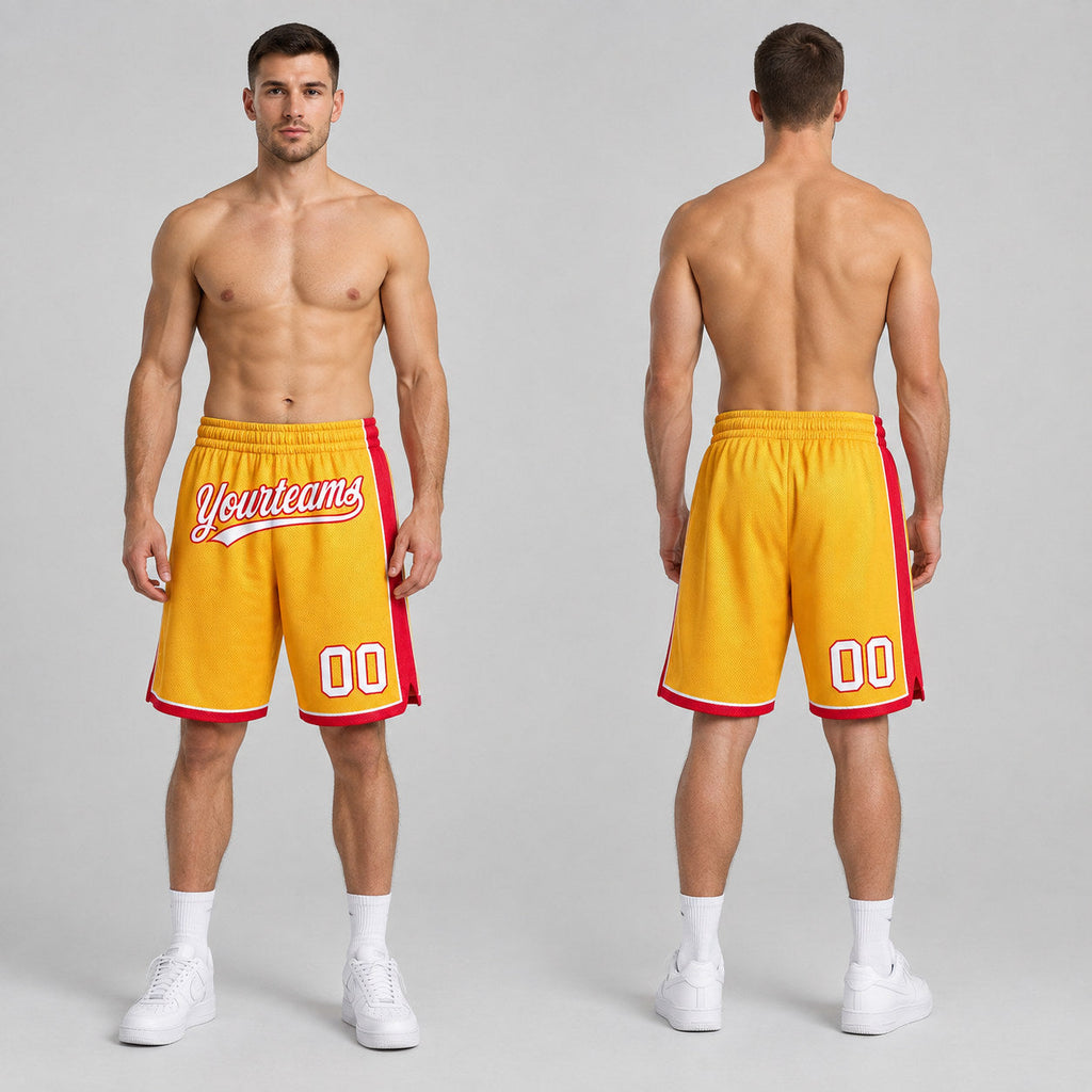 Custom Gold Authentic Basketball Shorts with White and Red Lettering worn by male model