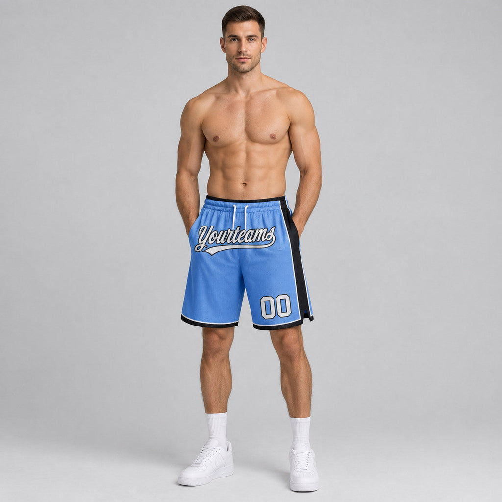Custom Light Blue Authentic Basketball Shorts with White and Black Lettering worn by male model