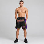 Custom Black Authentic Basketball Shorts with Purple and Gold Lettering worn by male model