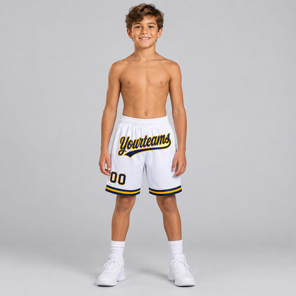 Custom White Authentic Throwback Basketball Shorts with Navy and Gold Lettering Design 1305 youth size worn by child model