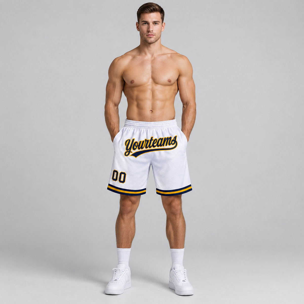 Custom White Authentic Throwback Basketball Shorts with Navy and Gold Lettering Design 1305 worn by male model