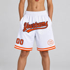 Custom White Authentic Throwback Basketball Shorts with Orange and Navy Lettering youth size worn by child model
