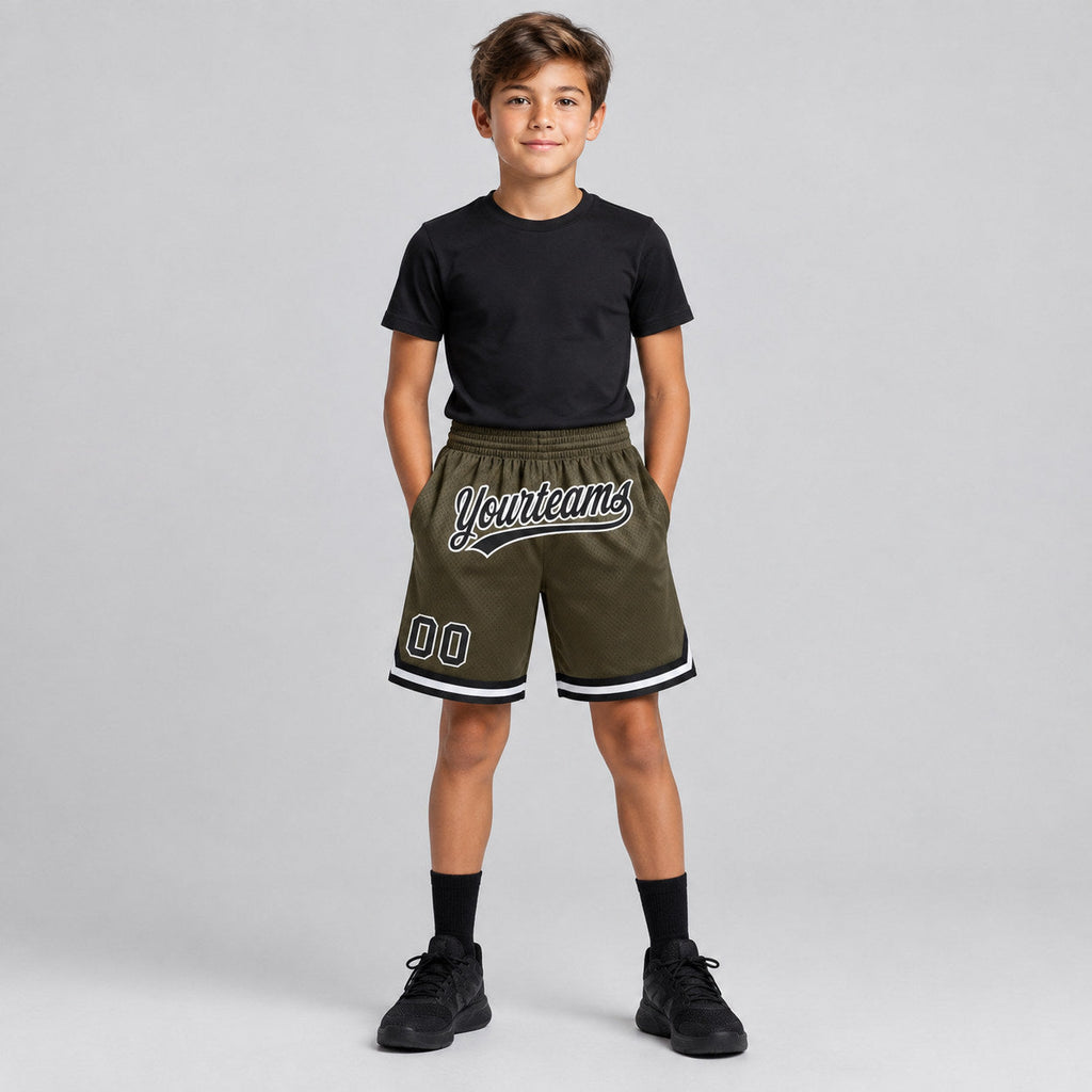 Custom Olive Salute To Service Authentic Throwback Basketball Shorts with Black and White Lettering youth size worn by child model