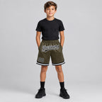 Custom Olive Salute To Service Authentic Throwback Basketball Shorts with Black and White Lettering youth size worn by child model