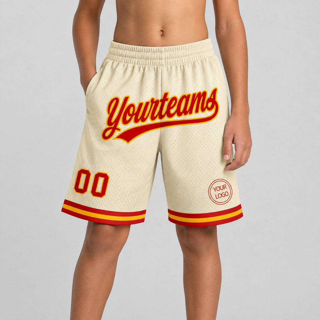 Custom Cream Authentic Throwback Basketball Shorts with Red and Gold Lettering Design 0448 youth size worn by child model