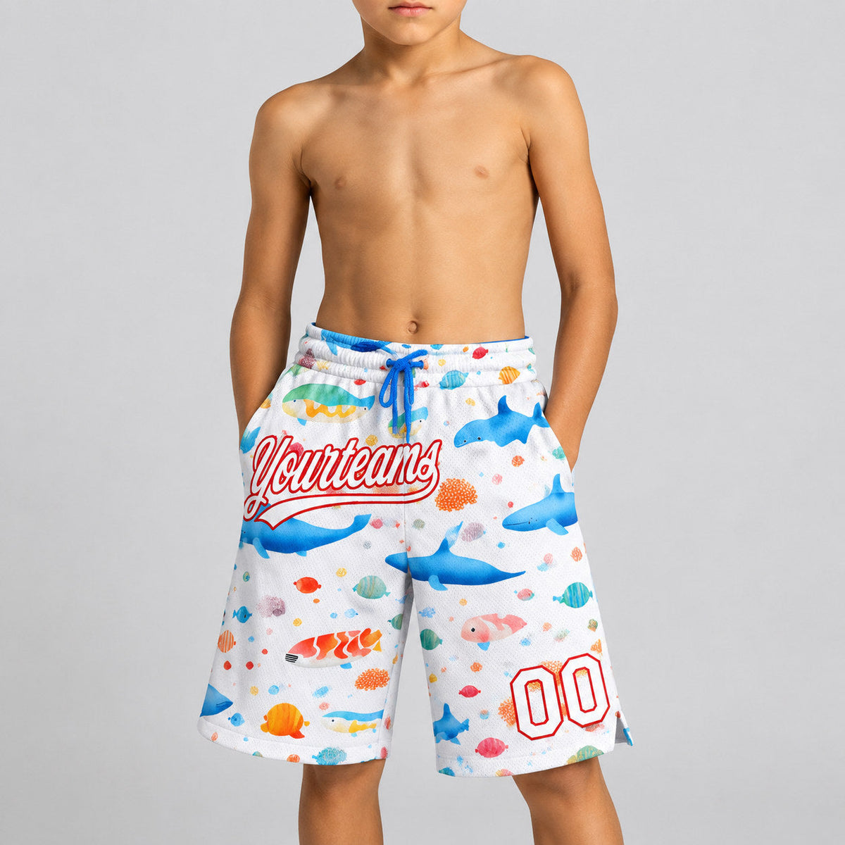 Custom White Whale And Fish Authentic Basketball Shorts with Red Lettering youth size worn by child model