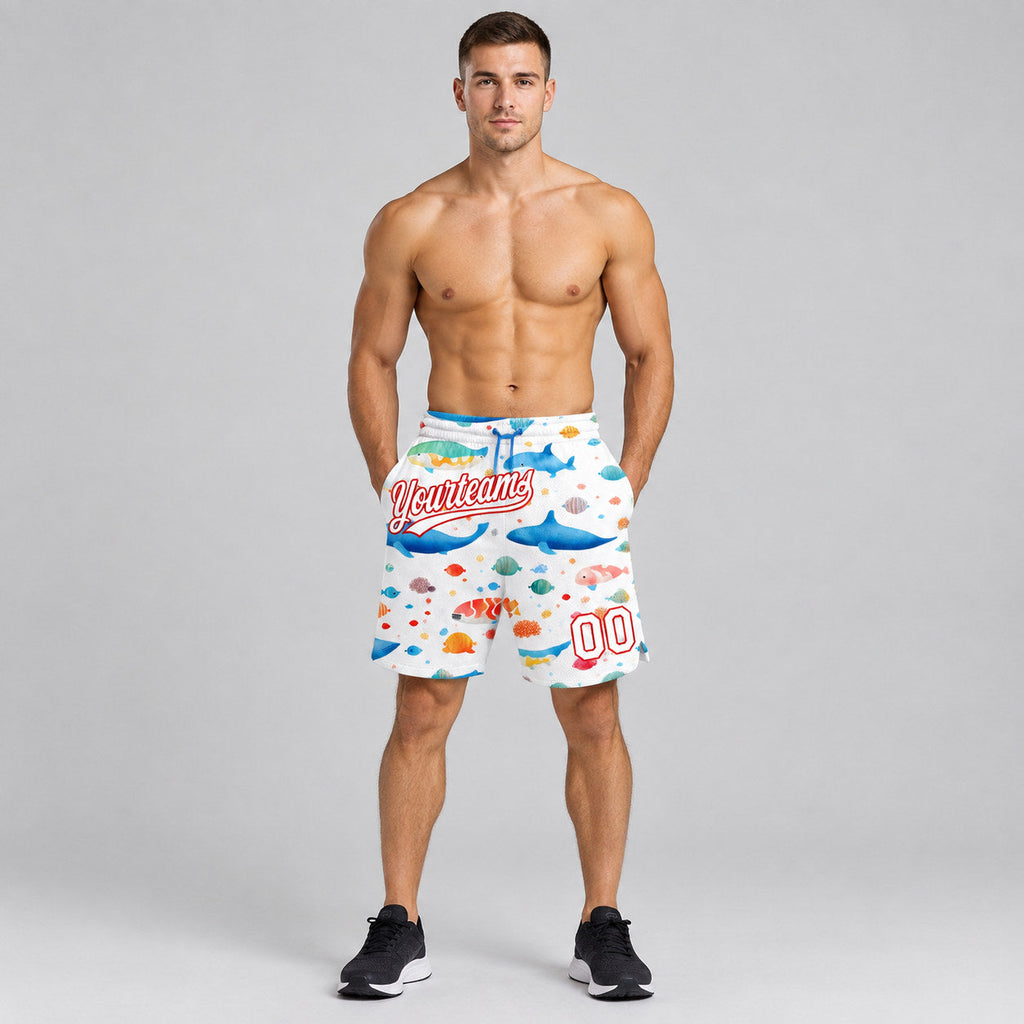 Custom White Whale And Fish Authentic Basketball Shorts with Red Lettering worn by male model