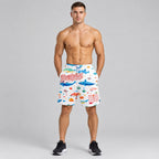 Custom White Whale And Fish Authentic Basketball Shorts with Red Lettering worn by male model
