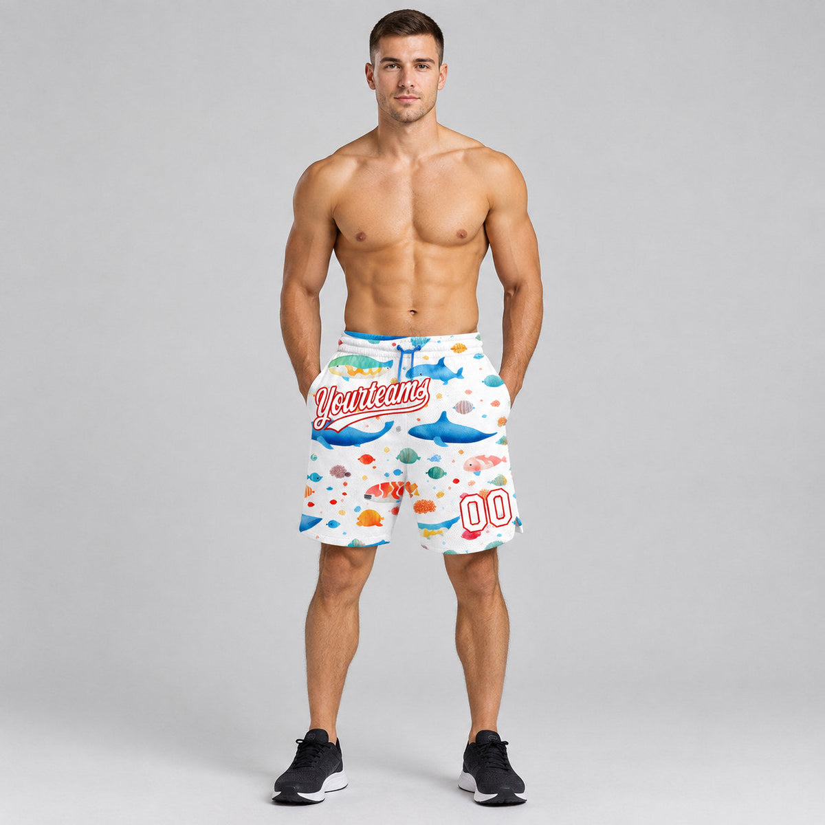 Custom White Whale And Fish Authentic Basketball Shorts with Red Lettering worn by male model