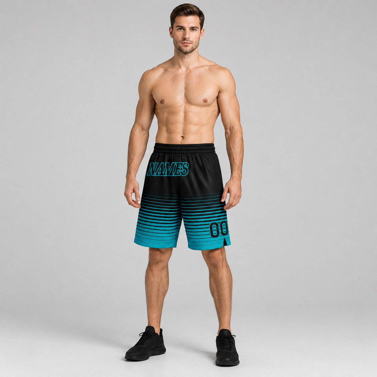 Custom Black Fade Pinstripe Authentic Basketball Shorts with Teal Lettering worn by male model