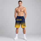 Custom Navy Fade Pinstripe Authentic Basketball Shorts with Gold Lettering worn by male model