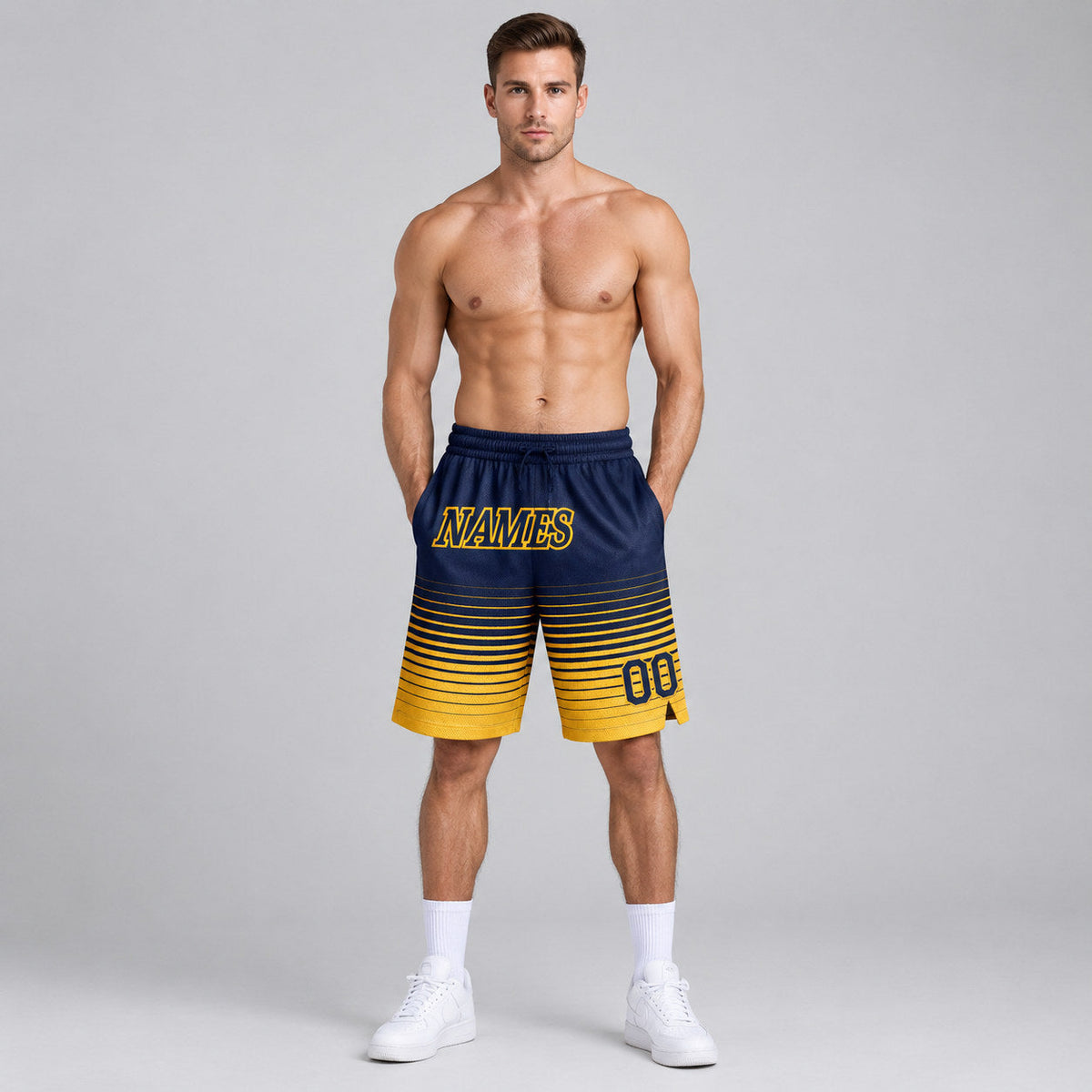 Custom Navy Fade Pinstripe Authentic Basketball Shorts with Gold Lettering worn by male model