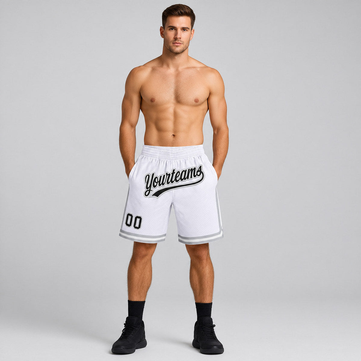Custom White Authentic Throwback Basketball Shorts with Black and Gray Lettering Design 1295 worn by male model