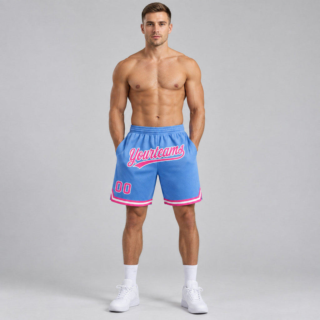 Custom Light Blue Authentic Throwback Basketball Shorts with Pink and White Lettering worn by male model