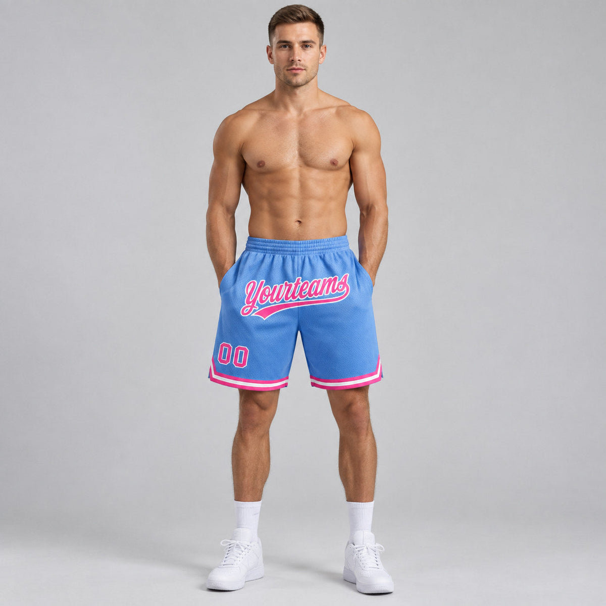 Custom Light Blue Authentic Throwback Basketball Shorts with Pink and White Lettering worn by male model