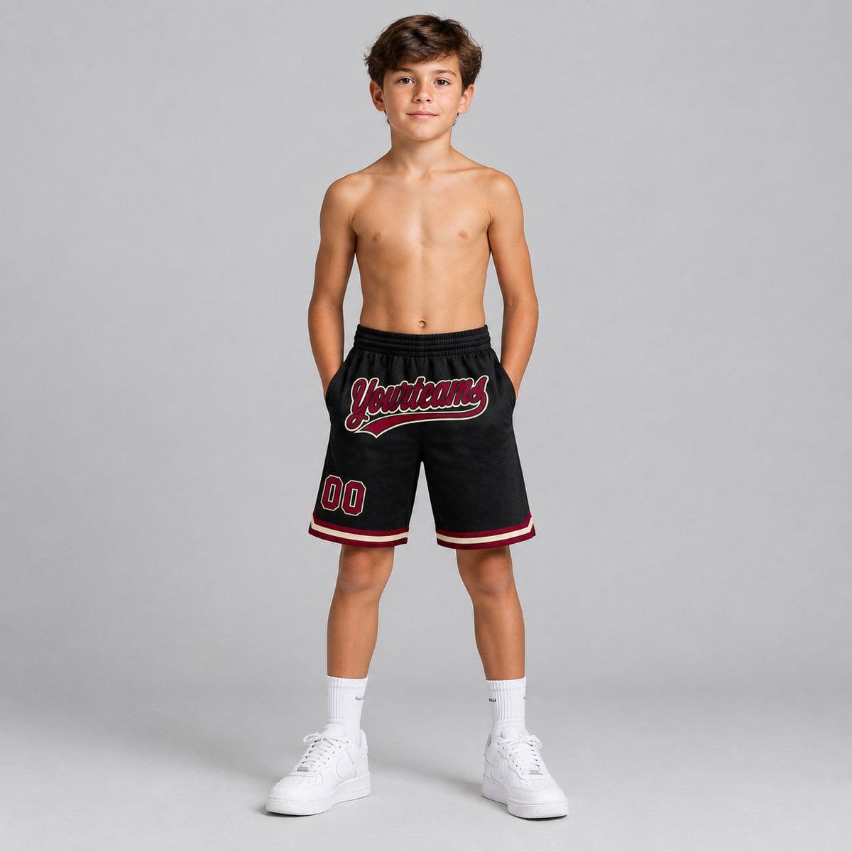 Custom Black Authentic Throwback Basketball Shorts with Maroon and Cream Lettering Design 1402 youth size worn by child model