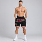 Custom Black Authentic Throwback Basketball Shorts with Maroon and Cream Lettering Design 1402 worn by male model