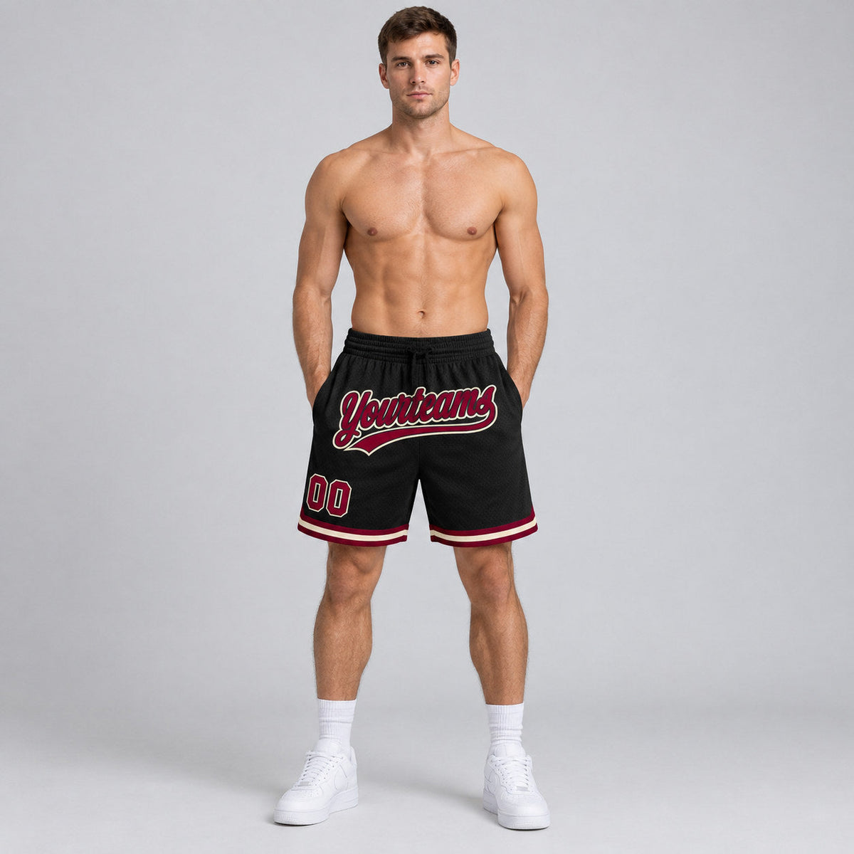 Custom Black Authentic Throwback Basketball Shorts with Maroon and Cream Lettering Design 1402 worn by male model