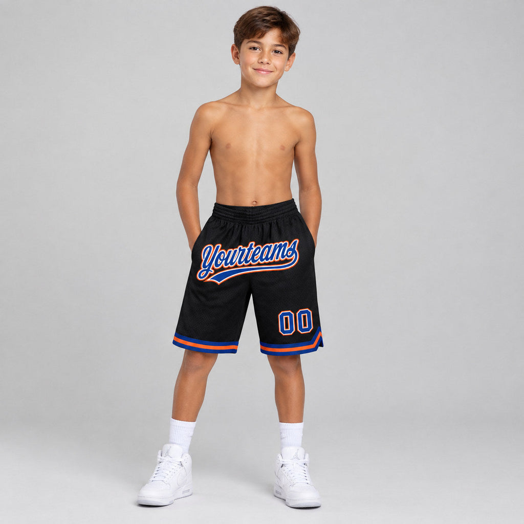 Custom Black Authentic Throwback Basketball Shorts with Royal and Orange Lettering Design 1400 youth size worn by child model