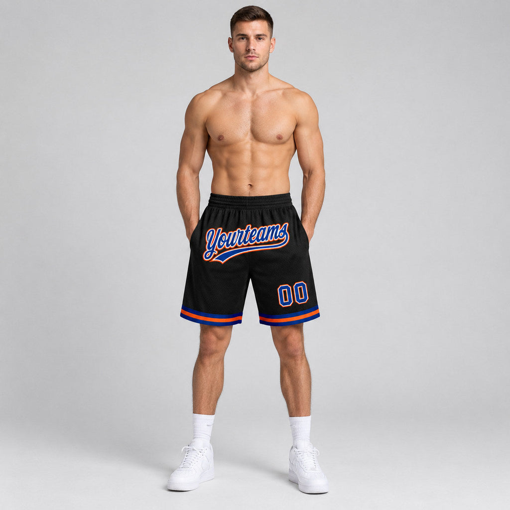 Custom Black Authentic Throwback Basketball Shorts with Royal and Orange Lettering Design 1400 worn by male model
