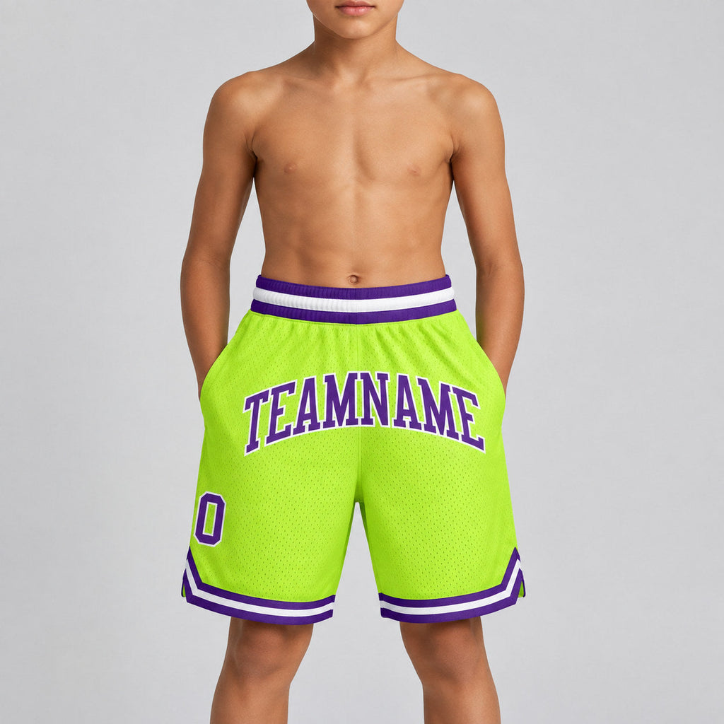 Custom Neon Green Authentic Throwback Basketball Shorts with Purple and White Lettering Design 0102 youth size worn by child model
