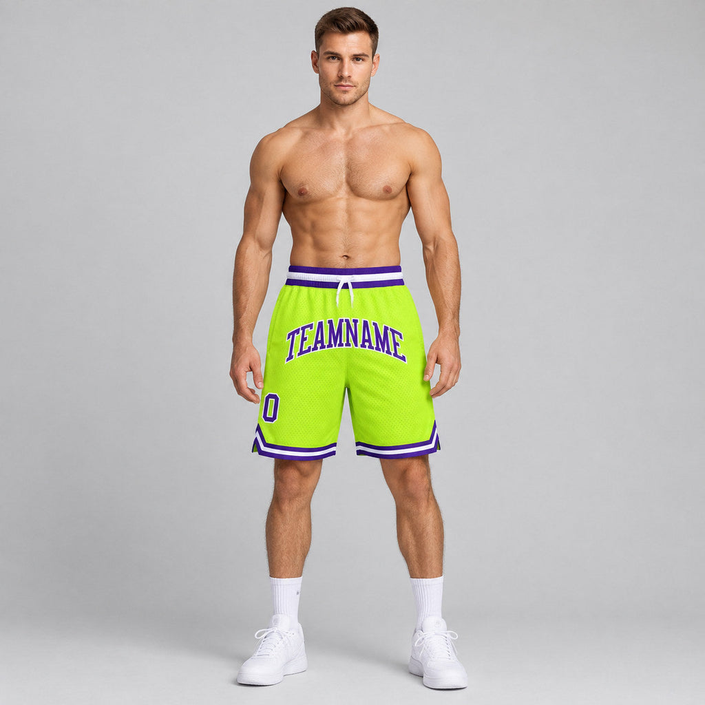 Custom Neon Green Authentic Throwback Basketball Shorts with Purple and White Lettering Design 0102 worn by male model