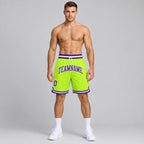 Custom Neon Green Authentic Throwback Basketball Shorts with Purple and White Lettering Design 0102 worn by male model