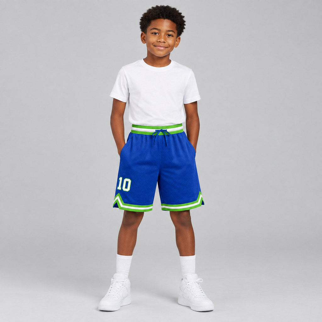 Custom Blue Authentic Throwback Basketball Shorts with White and Neon Green Lettering youth size worn by child model