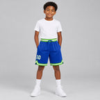 Custom Blue Authentic Throwback Basketball Shorts with White and Neon Green Lettering youth size worn by child model