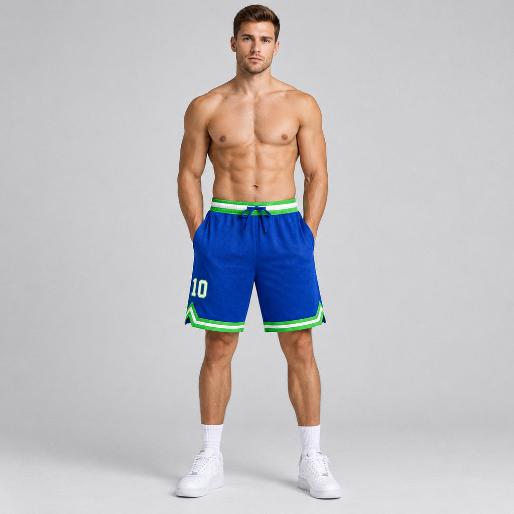 Custom Blue Authentic Throwback Basketball Shorts with White and Neon Green Lettering worn by male model