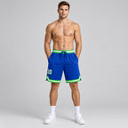 Custom Blue Authentic Throwback Basketball Shorts with White and Neon Green Lettering worn by male model