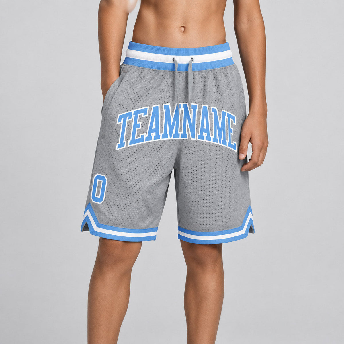 Custom Gray Authentic Throwback Basketball Shorts with Light Blue and White Lettering Design 0100 youth size worn by child model