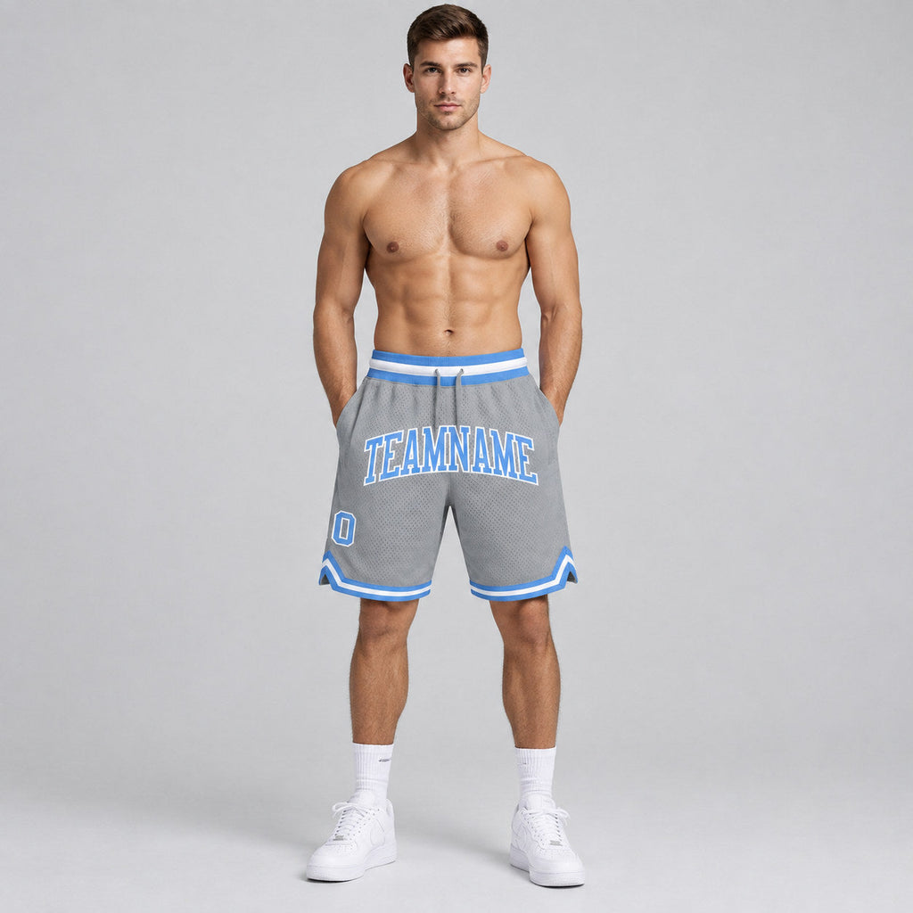 Custom Gray Authentic Throwback Basketball Shorts with Light Blue and White Lettering Design 0100 worn by male model