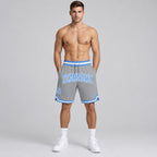 Custom Gray Authentic Throwback Basketball Shorts with Light Blue and White Lettering Design 0100 worn by male model