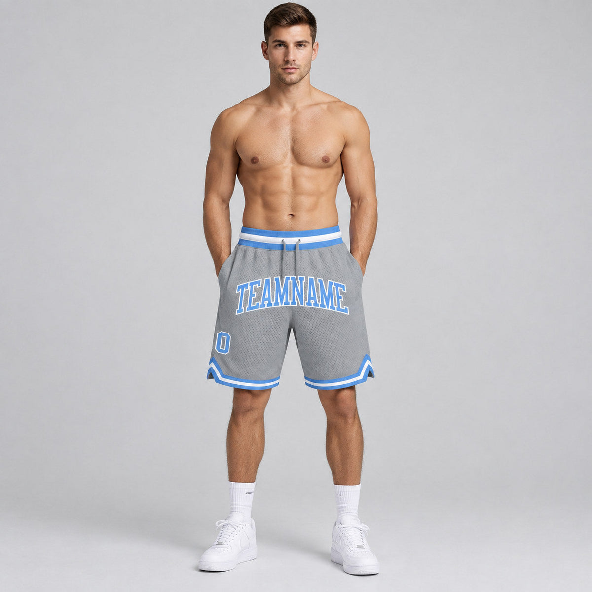 Custom Gray Authentic Throwback Basketball Shorts with Light Blue and White Lettering Design 0100 worn by male model