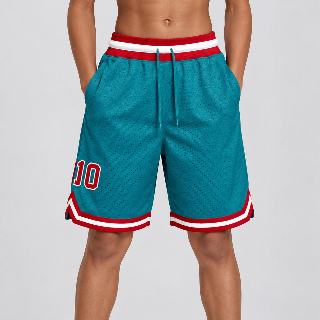 Custom Teal Authentic Throwback Basketball Shorts with Red and White Lettering youth size worn by child model