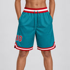Custom Teal Authentic Throwback Basketball Shorts with Red and White Lettering youth size worn by child model